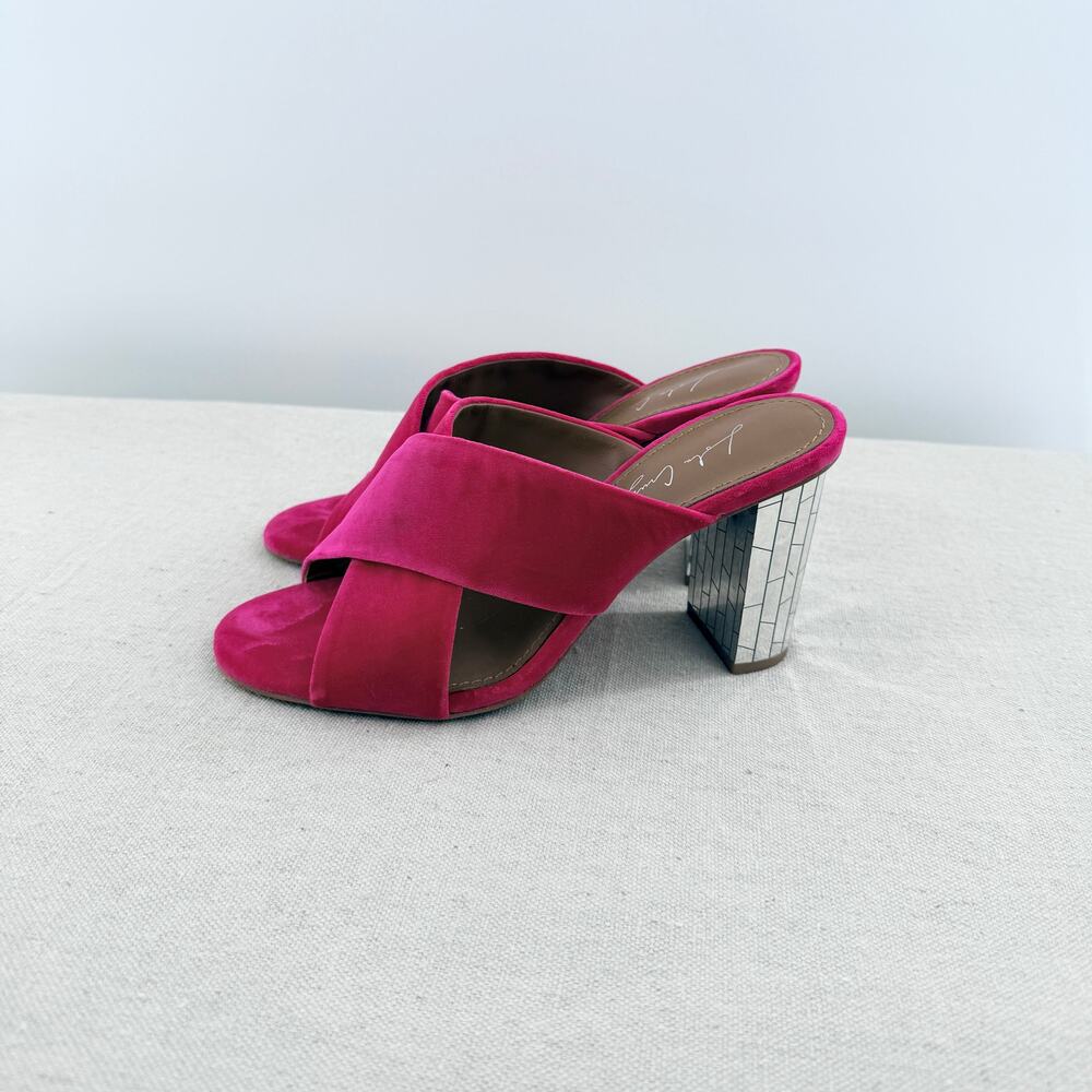 Lola Cruz Suede Crossover Straps Mule with Mirrored Geometric Block Heel Pink 39